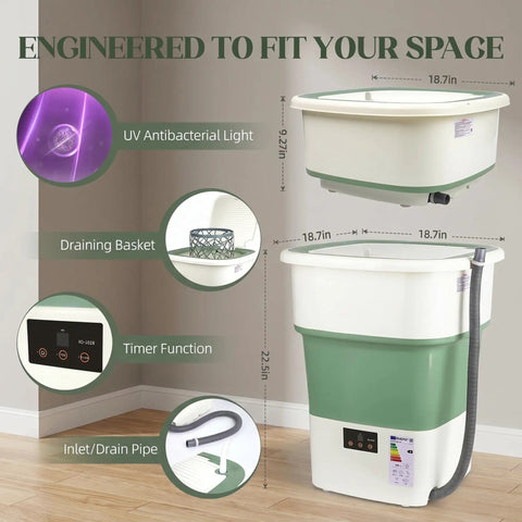 No Sweat Portable Washing Machine And Slick Foldable Washer With 1.8 Cubic Foot Capacity features UV light, timer, and draining pipe.
