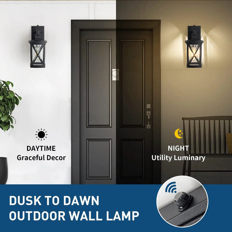 Two Pack Dusk To Dawn Outdoor Wall Lanterns With Photocell Sensor on house entry, showing day and night operation.