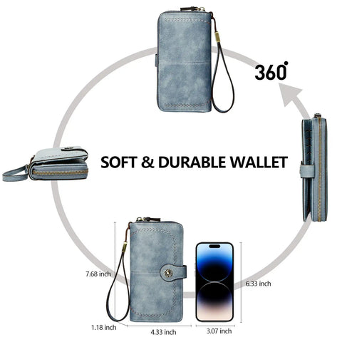 360-degree view of RFID Blocking Vegan Leather Wallet For Women With Large Capacity Card Holder And Phone Clutch Wristlet Purse