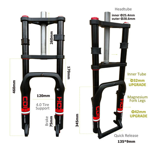Beefy 20 Inch Fat Tire Front Fork With Air Suspension For E Bike And MTB showing dimensions and 1-1/8 Inch Headset details