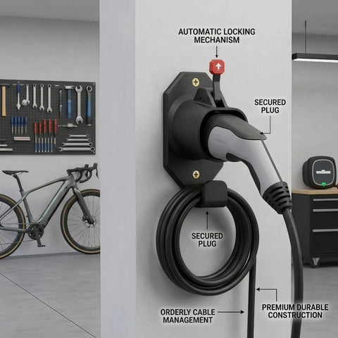 Kick Back And Charge With This Heavy Duty EV Charger Holder For Type 2 Plugs Wall Mount Locking Dock waterproof holder with secured plug.