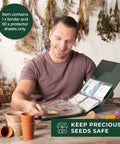 Man holding Big Capacity Seed Packet Organizer Binder With 50 Heavy Duty Sheet Protectors That Holds 200 Seed Envelopes in a garden setting
