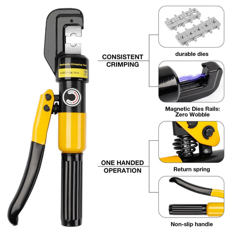 10 Ton Hydraulic Crimping Tool Kit With 9 Dies For 12 AWG To 2/0 Battery Cables Easy To Operate Crimper For Wire Rope And Ring Terminals Heavy Duty Hydraulic Wire Crimping Tool shown with features.