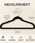 Image showing measurements of Velvet Hangers 50 Pack Must Have Ultra Slim Non Slip Pant And Coat Hangers With Pants Bar And 360 Degree Swivel Hook Black For Space Saving Wardrobe Organization. Measurements detailed in inches and millimeters.