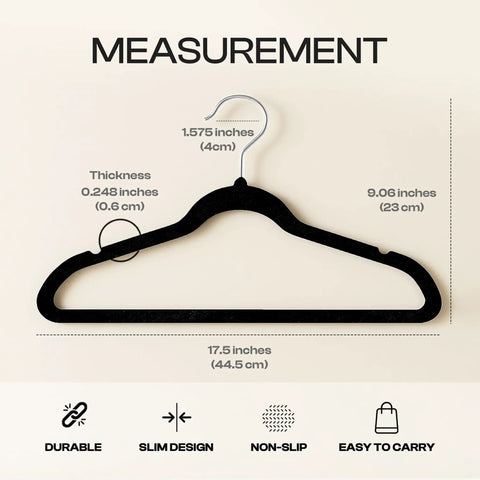 Image showing measurements of Velvet Hangers 50 Pack Must Have Ultra Slim Non Slip Pant And Coat Hangers With Pants Bar And 360 Degree Swivel Hook Black For Space Saving Wardrobe Organization. Measurements detailed in inches and millimeters.