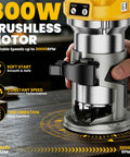 Killer Torque Cordless Compact Router With Brushless Motor Churning Out 30000 Rpm For Flawless Edge Trimming And Precise Routing Tasks Bare Tool showing 800W brushless motor and adjustable speed settings.
