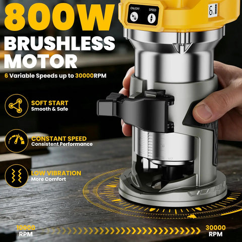 Killer Torque Cordless Compact Router With Brushless Motor Churning Out 30000 Rpm For Flawless Edge Trimming And Precise Routing Tasks Bare Tool showing 800W brushless motor and adjustable speed settings.