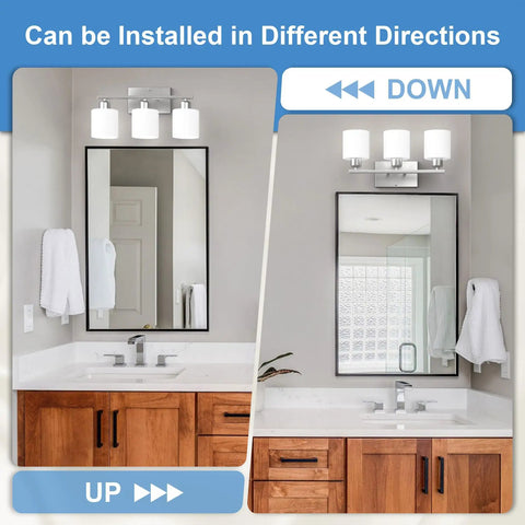 Three Bulb Over Mirror Bathroom Vanity Light In Brushed Nickel Finish Rustproof Wall Sconce Perfect For Wet Locations shown in two installation directions over a modern sink.