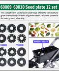 Seed Plate Set 60009 and 60010 for Garden Seeder, 12 Pack shown with discs and tray next to various vegetables.