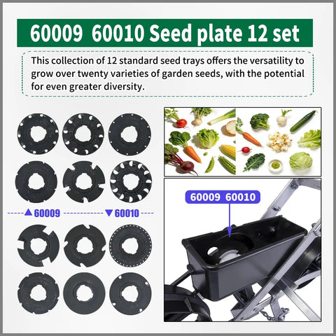 Seed Plate Set 60009 and 60010 for Garden Seeder, 12 Pack shown with discs and tray next to various vegetables.