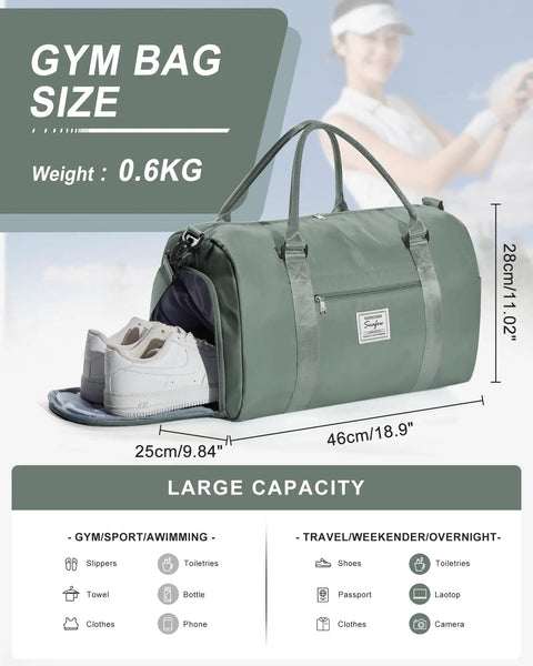 Travel Duffel With Shoes Compartment And Wet Pocket For Women And Men Airport Friendly Carry On Gym Bag with measurements
