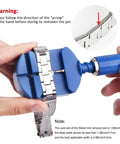 Pro Grade Watch Band Link Removal Tool Kit With 12 Replacement Pins And 3 Pin Punches And 1 Head Hammer For Easy Watch Bracelet Adjustment And Reliable Watch Repair On The Go in use.