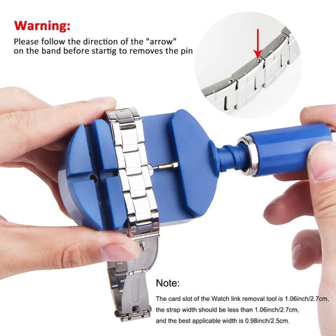 Pro Grade Watch Band Link Removal Tool Kit With 12 Replacement Pins And 3 Pin Punches And 1 Head Hammer For Easy Watch Bracelet Adjustment And Reliable Watch Repair On The Go in use.