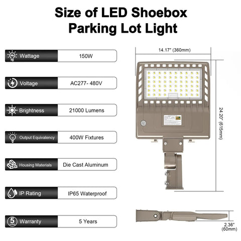 Diagram displaying 150W LED Parking Lot Light 21000 Lumens 5000K Cool White Shoebox Style Outdoor Street Light dimensions.
