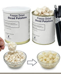 Freeze Dried Diced Potatoes 32 Oz Ready To Eat Survival Food in open can with scoop and rehydrated bowl for camping and storage