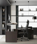 Upgrade Your Daily Grind With This Premium Executive Standing Desk Featuring Smooth Dual Electric Motors Four Memory Presets And Secure Storage L Shaped Khalba Oak Design in modern office interior.