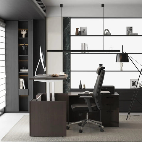 Upgrade Your Daily Grind With This Premium Executive Standing Desk Featuring Smooth Dual Electric Motors Four Memory Presets And Secure Storage L Shaped Khalba Oak Design in modern office interior.