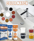 Porcelain Repair Kit With Two 50g Tubes, Waterproof Fiberglass Tile And Tub Repair Kit, color samples and packaging near sink