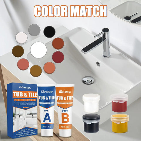 Porcelain Repair Kit With Two 50g Tubes, Waterproof Fiberglass Tile And Tub Repair Kit, color samples and packaging near sink
