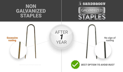Comparison of rusty non-galvanized staples with rust-free 6 Inch Landscape Staples 9 Gauge Galvanized Steel Ground Cover Pins.