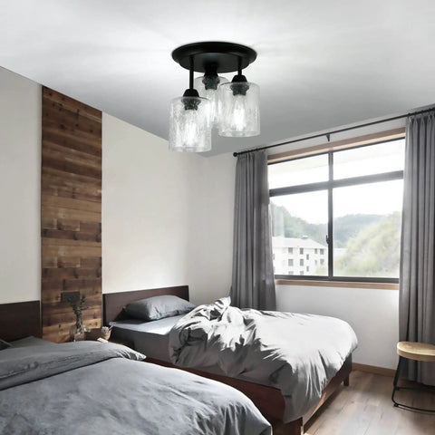 Room with Semi Flush Mount Ceiling Light Fixture With Seeded Glass Shades, 3 Lights, Vintage Oil Rubbed Bronze Finish