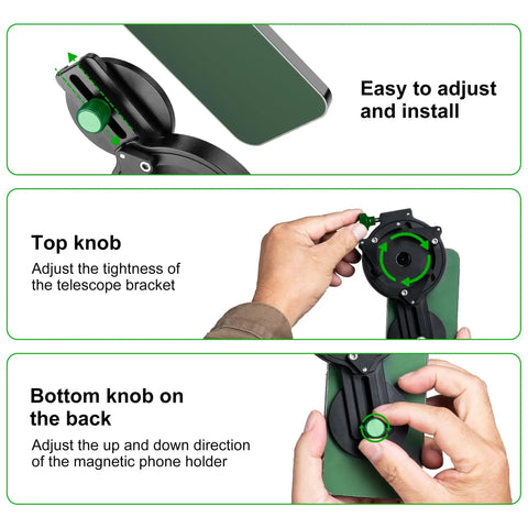 Universal Telescope Phone Adapter For 30mm To 60mm Eyepieces, showing adjustment knobs on magnetic digiscoping holder