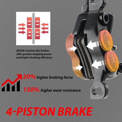 Side view of Zoom HB-876E 4-piston hydraulic disc brake caliper for e-bikes, black body with orange caps.