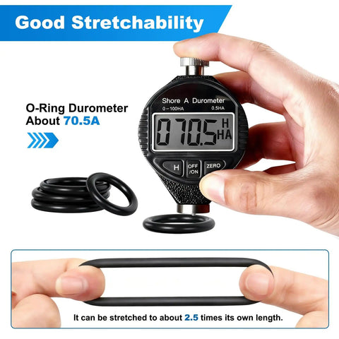 20 Size 1020 Pieces Nitrile Rubber O Ring Assortment Kit showing stretchability with durometer reading of 70.5A