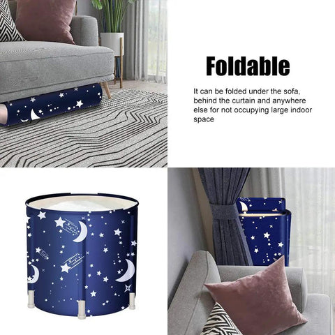 Portable Ice Bath Tub For Recovery And Therapy, foldable, shown under sofa and beside couch, blue with star pattern, 120L capacity