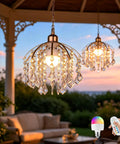 Total Game Changer Two Piece Crystal Chandelier Set Battery Powered With Zero Hassle Setup Remote Control Dimmable Rgb Pendant Lights For Living Rooms Or Covered Patios Smooth Vibes Lasting Sixty Hours, outdoor setting, warm glow, elegant crystals.