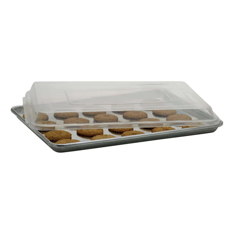 Clear 13 By 18 Inch Sheet Pan Cover Reusable Dishwasher Safe Fits Most Full Or Half Size Aluminum Pans Protects Food During Transport Or Storage No More Foil Snaps On Easy And Keeps Food Fresh covering cookies on pan