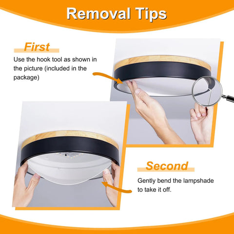 Instructions for removing Dimmable Wood LED Flush Mount Ceiling Light With Five CCTs 2700K To 6000K Modern Round Close To Ceiling