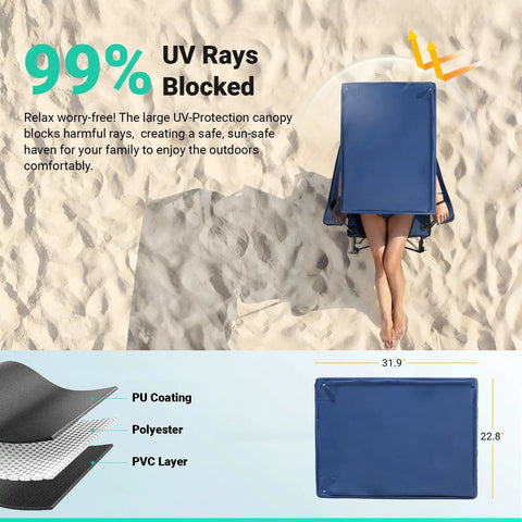 Camping Chair With Canopy Shade For Outdoor Adventures on beach, showing UV protection canopy covering person on sand.
