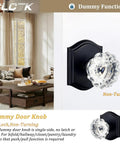 4 Pack Glass Dummy Door Knobs Matte Black Non Turning Crystal Half Dummy Handles for Closet Bifold Hallway Pantry and Laundry Room Inactive No Lock Decorative Door Hardware Easy Install displayed in a living room setting.