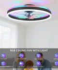 Slick Low Profile Ceiling Fan With Rgb Lights And Ultra Quiet Motor No Sweat Setup For Compact Rooms Black Flush Mount shown in living area.
