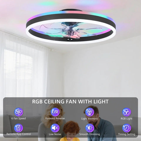 Slick Low Profile Ceiling Fan With Rgb Lights And Ultra Quiet Motor No Sweat Setup For Compact Rooms Black Flush Mount shown in living area.