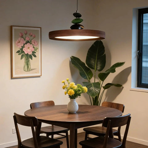 Mid Century Modern Pendant Light 15.8 Inch Wood Grain Finish Dimmable Led Island Lamp With Handheld Remote And Three Color Modes above dining table.