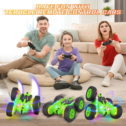 Family playing with Remote Control Car With Upgraded Strip Lights and Bright Headlights Radical Stunt RC Car For Kids