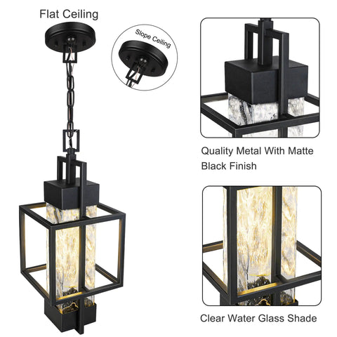 Top Shelf Modern Black Metal Motion Sensor Outdoor Pendant Light Slick Finish Exterior Hanging Lantern With Smart PIR Detection And Auto Night Glow For Front Porch And Entryway, showing black metal frame with glass shade.