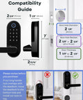 Compatibility guide for Fingerprint Smart Lock With Keypad And App Control Keyless Entry Biometric Deadbolt And Handle Auto Lock Remote Code Management For Front Interior Exterior And Bedroom Doors Black, showing dimensions and installation tips.
