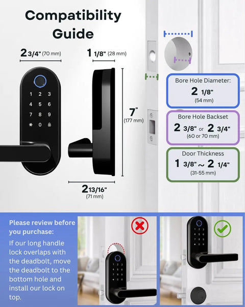 Compatibility guide for Fingerprint Smart Lock With Keypad And App Control Keyless Entry Biometric Deadbolt And Handle Auto Lock Remote Code Management For Front Interior Exterior And Bedroom Doors Black, showing dimensions and installation tips.