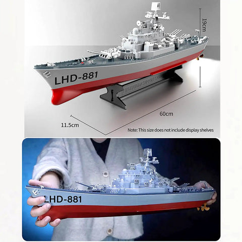 Remote Control Warship Battle Boat For Lakes And Rivers, 1:390 Scale RC Military Battleship with dual motors displayed on stand