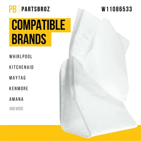 W11086533 Sound Shield Insulation For Whirlpool Kenmore KitchenAid Maytag Dishwashers with compatible brand list in background