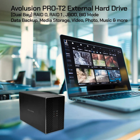 Top Shelf Dual Bay Usb 3.0 External Hard Drive Yields Knockout 44Tb Storage, connected to laptop with media files.
