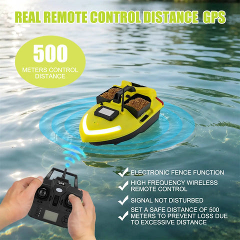 Beast GPS Fishing Bait Boat With 12000mAh Battery, 1640ft Remote Range RC Boat on lake with remote control in hand