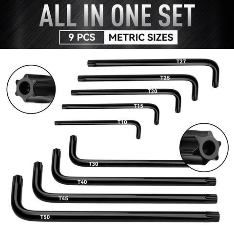 Beefy Pro Grade 9 Piece Torx Star Allen Wrench Set With Long Arm Keys T10 To T50 in Chrome Vanadium Steel Black Oxide Finish