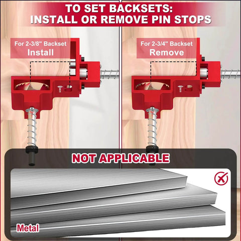 DIY Friendly Heavy Duty Door Lock Installation Kit with Guide Template and Aluminum Jig for One Three Eighths Inch or One Three Quarters Inch Doors Fits Two Three Eighths Inch and Two Three Quarters Inch Backsets, showing tool usage on wood, not applicable to metal.