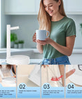 Woman using 5 Gallon Desktop Water Dispenser With Portable Pump Countertop Electric Water Pump For Home Office Desk And Outdoor Use USB C Fast Charging Compact Cool White