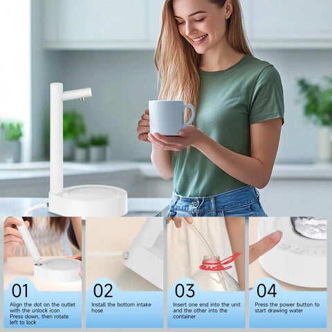 Woman using 5 Gallon Desktop Water Dispenser With Portable Pump Countertop Electric Water Pump For Home Office Desk And Outdoor Use USB C Fast Charging Compact Cool White