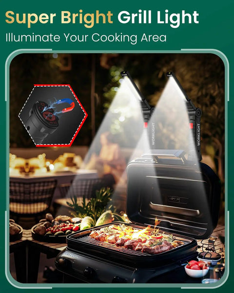 Rechargeable LED Work Light With Magnetic Base grilling setup with two lights illuminating a barbecue grill, magnetic attachment shown.